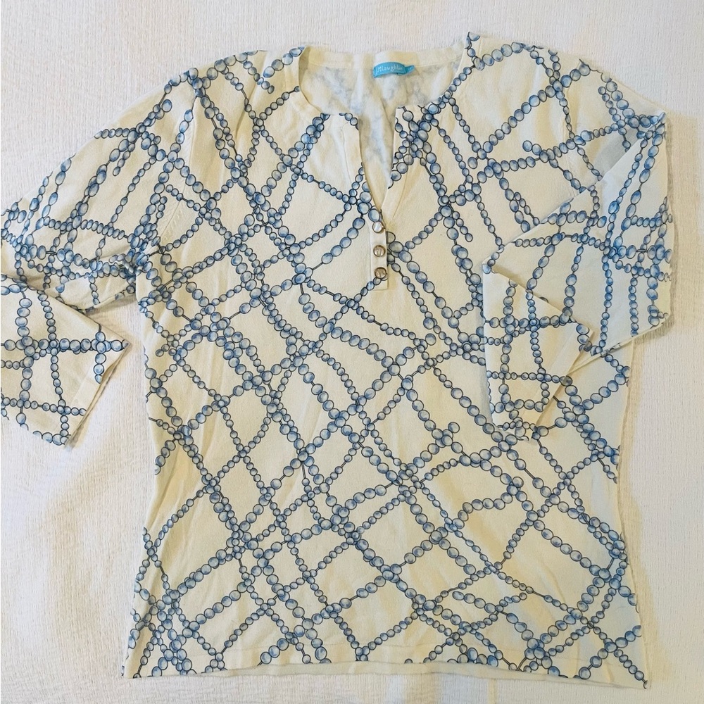 J Mclaughlin Chain Pattern Cream and Blue Women's Top